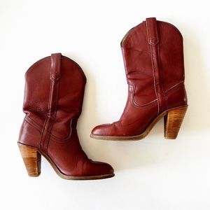 Frye 80s Vintage Western Heel Boot Size 8 Oxblood Leather 7893 Yellowstone 10”